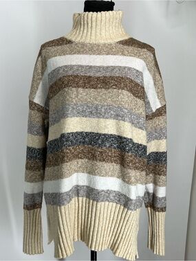 Eddie Bauer Neutral Stripe Turtleneck Sweater - Cream & Brown